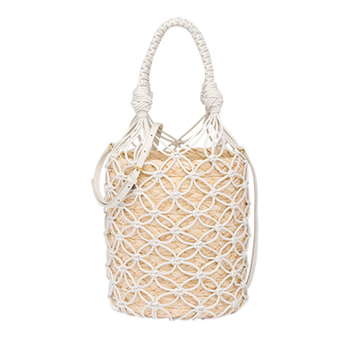 Leather mesh and straw bucket bag Tan/pyrite | Miu Miu